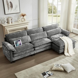 TiramisuBest 113" Cloud Couch Sectional Sofa, L Shape Chenille Couch with Reversible Ottoman,USB Charging,Dual Cushions,Modern Sofa,Dark Grey - 1 of 4