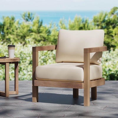 Outdoor Patio Wooden Club Arm Chair,Garden Backyard Tub Shape Fabric Upholstered Dining Armchair,Modern Curved Back Arm Chair-Coolbibila