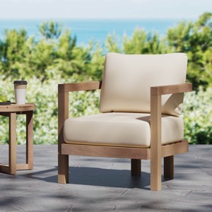 Outdoor Patio Wooden Club Arm Chair,Garden Backyard Tub Shape Fabric Upholstered Dining Armchair,Modern Curved Back Arm Chair-Coolbibila - 1 of 4