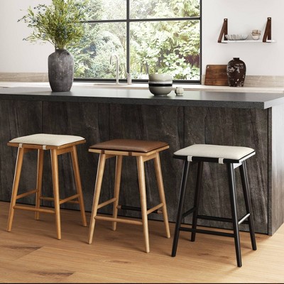 Brown Wood and Metal Backless Saddle Barstool with Padded Seat