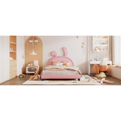 Vynxaria Full Size Upholstered Leather Platform Bed with Adorable Rabbit Ornament