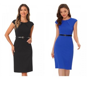 INSPIRE CHIC Women's Elegant Business Round Neck Belted Cap Sleeve Work Sheath Dresses 2 Packs - 1 of 4