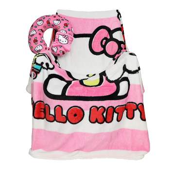 Hello Kitty Adult Travel Set with Neck Pillow, Eye Mask, and Throw Blanket - Adorable Comfort for Hello Kitty Fans on the Go!