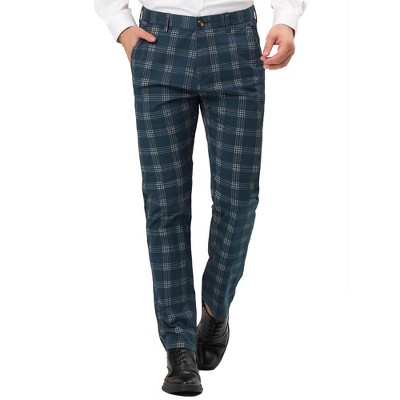 Lars Amadeus Men's Slim Fit Flat Front Zipper Business Checked Dress Pants