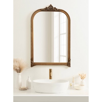 Hubanks 24"x38" Gold Arched Wall Mirror with Ornate Frame
