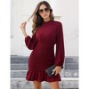 Women's Ruffle Mock Neck Long Sleeve Mini Dress Casual Smocked High Waist Ruffle Hem Bodycon Short Dresses - 3 of 4