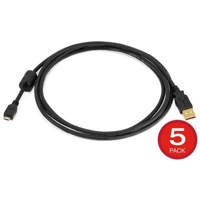 Monoprice USB Type-A to Micro Type-B 2.0 Cable - 6 Feet - Black (5 Pack) 5-Pin, 28/24AWG, Gold Plated Connectors, For Smartphones and Tablets