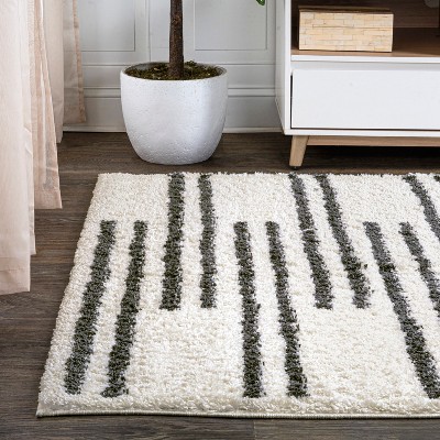 Ivory and Gray Striped Shag Area Rug 3 x 5
