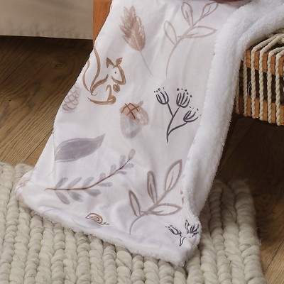 White and Beige Fleece Baby Blanket with Forest Animals