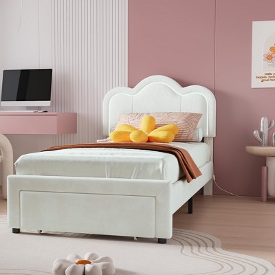 homfan Twin Smart LED Bed Frame, Adjustable PU Leather Headboard, Platform Bed for Kids, Wood Slats, No Box Spring Needed