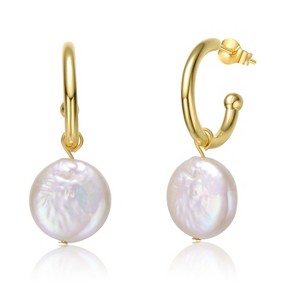 Guili Sterling Silver 14K Yellow Gold Plated Earrings with White Coin Freshwater Pearl, Drop C-Hoop Design for a Classy and Refined Jewelry - 1 of 2