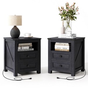 MUUEGM Farmhouse Nightstand with Charging Station, 18" Bedside Table with Drawer & Storage Cabinet, End Table for Bedroom, Living Room - 1 of 4