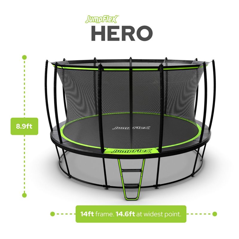 JumpFlex HERO 14' Round Trampoline for Kids Outdoor Backyard Play Equipment Playset with Net Safety Enclosure & Ladder, 550LB Capacity, Green/Black, 2 of 7