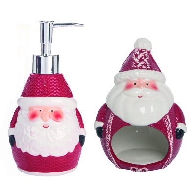 Transpac Dolomite 7 in. Red Christmas Santa Sponge Holder with Snowman Soap Dispenser Set of 2