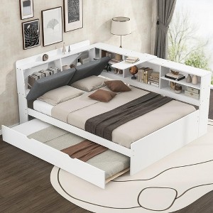 BABYYER Twin Size Corner Bed Frame with Upholstered Headboard, L-Shaped Solid Wood Platform Bed with 2 Drawers and Rotatable Storage Board - 1 of 4