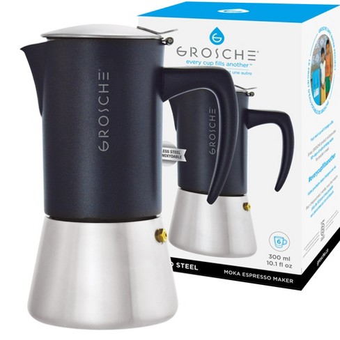 Grosche Milano Steel Stainless Steel Stovetop Espresso Maker Moka Pot 6  Espresso Cup Size 9.3oz, Black : Target