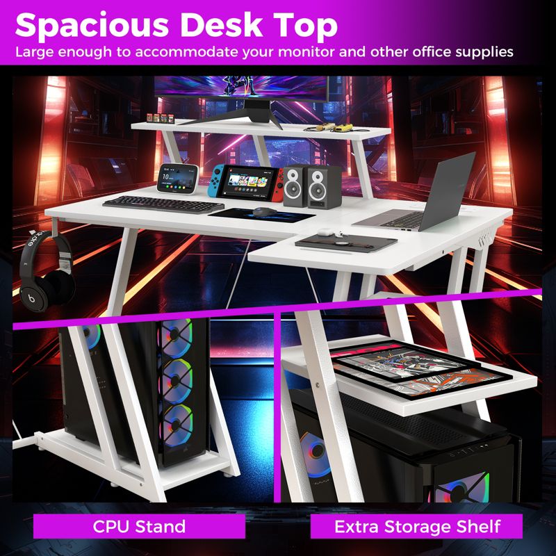 Tangkula Computer Desk w/ Built-in Charge Station Metal Frame Gaming Desk w/ Monitor Shelf Modern Writing Desk Workstation Table for Office Room Black/White/Pink, 5 of 10