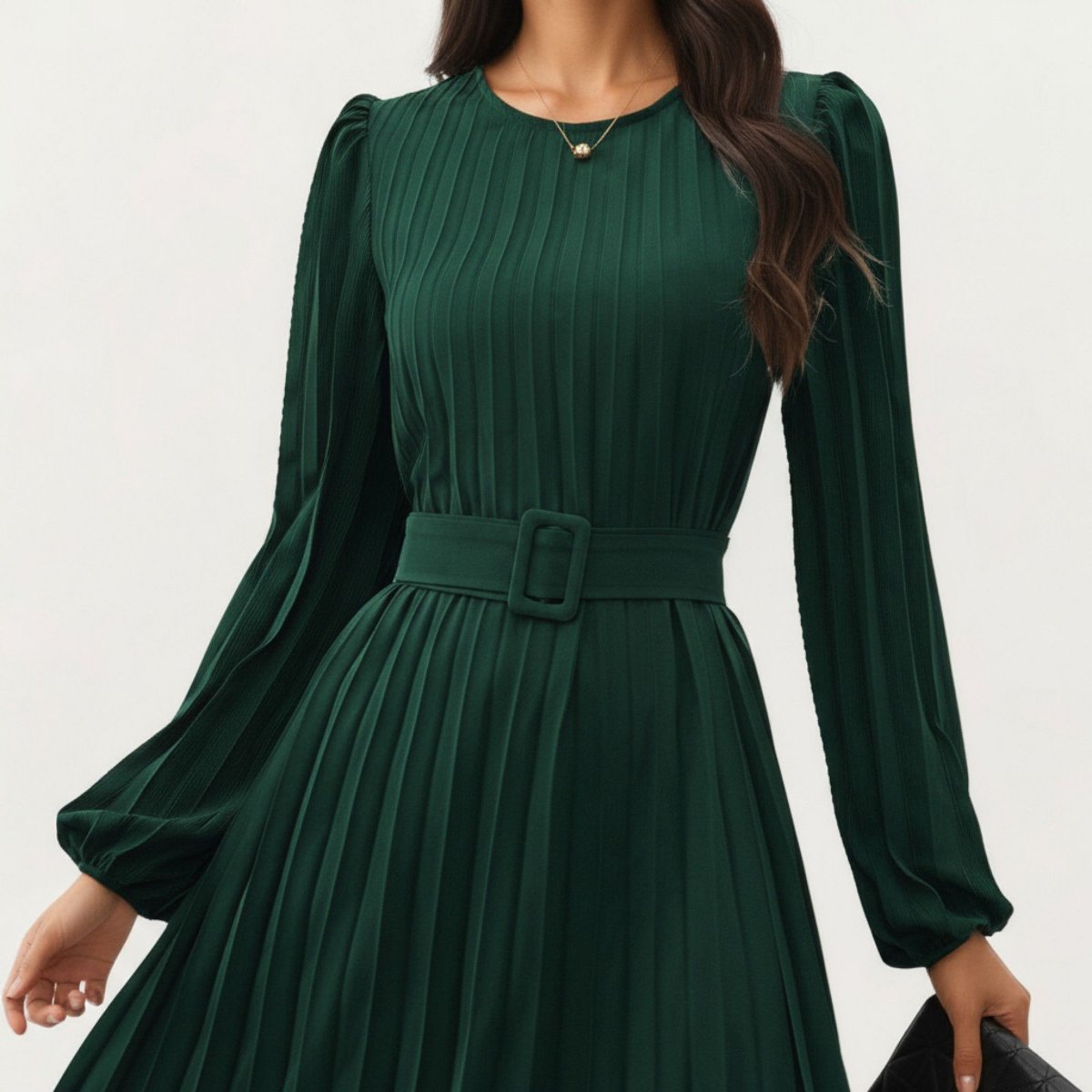Женские платья Anna-Kaci Women's Long Sleeve Pleated Maxi Dress with Belted Waist and Round Neckline - Medium, Olive Green — фото 5