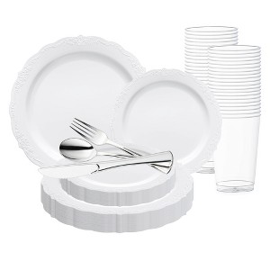 Smarty Had A Party White w/ Silver Vintage Rim Plastic Wedding Set - 60 Sets - 1 of 4
