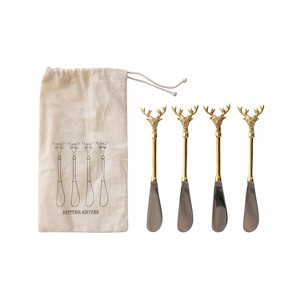 Storied Home Stainless Steel and Brass Canapé Knives with Gold Finish Reindeer Handles, Set of 4 in Printed Drawstring Bag - 1 of 3