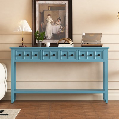 KTMBDW Rustic Entryway Console Table, 60" Sofa Tables Narrow Long with Two Different Size Drawers and Bottom Shelf for Storage