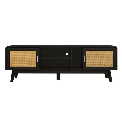 LIVAREEmlen 63'' Dark Rattan TV Stand with 2 Storage Cabinets for 65 Inch TV, Entertainment Center with Solid Wood Legs, Media Console Table
