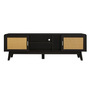 LIVAREEmlen 63'' Dark Rattan TV Stand with 2 Storage Cabinets for 65 Inch TV, Entertainment Center with Solid Wood Legs, Media Console Table - 1 of 4