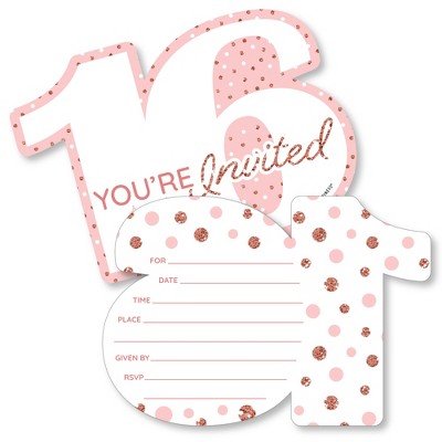 Big Dot of Happiness 16th Pink Rose Gold Birthday - Shaped Fill-In Invitations - Happy Birthday Party Invitation Cards with Envelopes - Set of 12