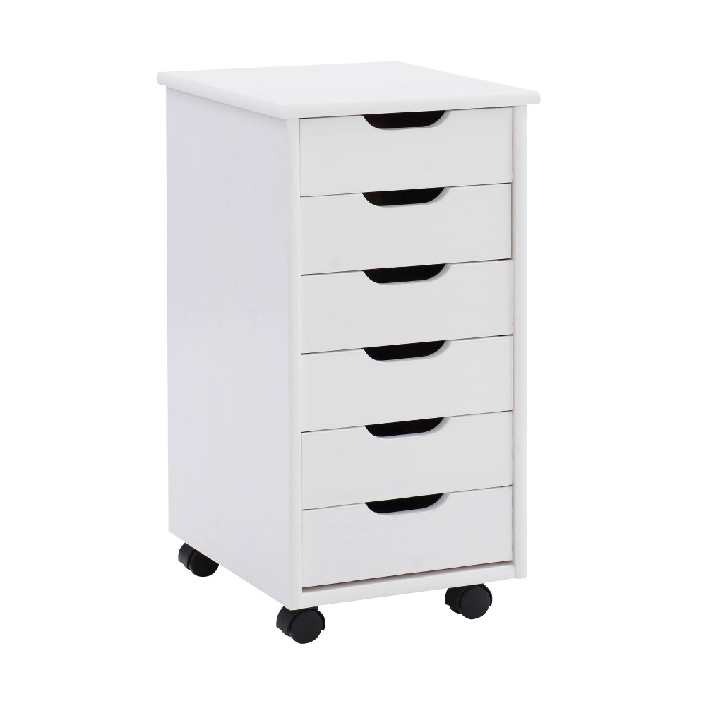 Cary Transitional 6 Drawer Solid Wood Contoured Handle Cut Out Rolling Storage Cart White - Linon
