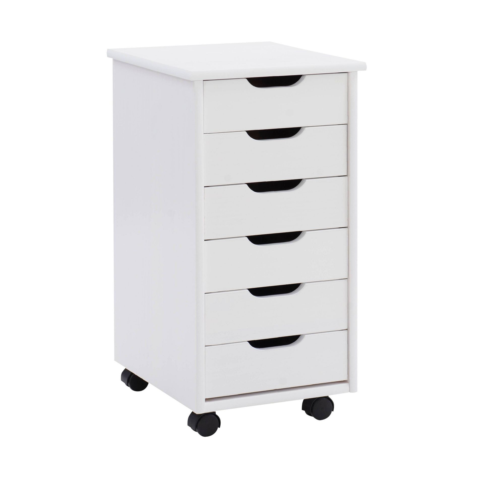 Cary Transitional 6 Drawer Solid Wood Contoured Handle Cut Out Rolling Storage Cart White - Linon