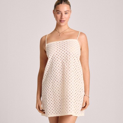Vitamin A Women's Eyelet Mini Swim Cover Up Dress - White S: Cotton Linen Blend, Adjustable Strap, Tie Detail, Semi-Opaque