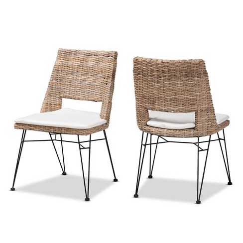 2pc Nafaro Rattan Metal Dining Chair With Cushion Set Black white