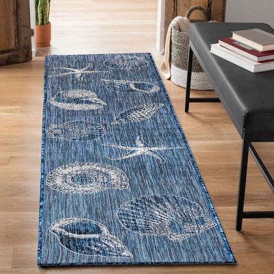 Navy and White Flat Woven Synthetic Coastal Runner Rug
