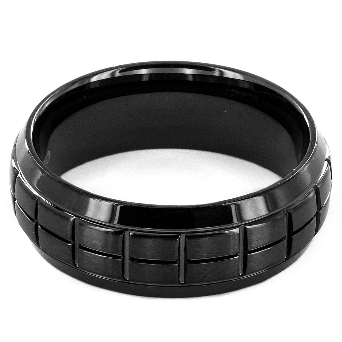 Men's Brushed Grooved Domed Black Plated Steel Ring - thumbnail 2