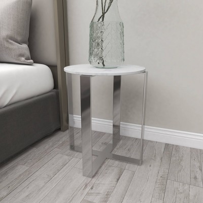 White Marble and Stainless Steel Round Accent Table