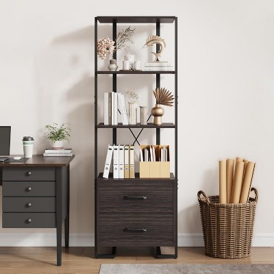 Homhougo 4 Tier Bookshelf with Storage Drawers, 70.9" Narrow Industrial Bookshelf with Open Shelves, 3 Shelf Wood Bookcase with Metal Frame, Brown