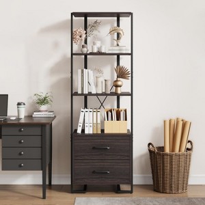 Homhougo 4 Tier Bookshelf with Storage Drawers, 70.9" Narrow Industrial Bookshelf with Open Shelves, 3 Shelf Wood Bookcase with Metal Frame, Brown - 1 of 4