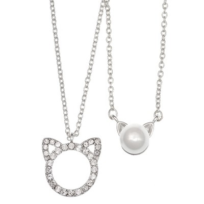 FAO Schwarz Silver Tone Cat Pendant Necklace Set