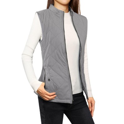 Allegra K Women's Zip Up Front Stand Collar Slant Pockets Quilted Padded Vest