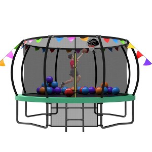 NAYSAYE Trampoline 12FT with Safety Net and Ladder for Outdoor Fun for Kids Backyard, Green, 144.09"*107.87"*127.00" - 1 of 4