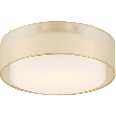 Elegant Gold Plated 16'' Drum Ceiling Light with Sheer Fabric & Opal Glass