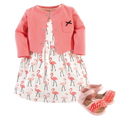 Hudson Baby Infant Girl Cotton Dress, Cardigan and Shoe 3pc Set, Flamingos, 3-6 Months