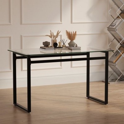 CENGHU 51" Rectangular Dining Table, Modern Minimalist Rectangular Glass Dining Table for 6,  Kitchen Table with Glass Tabletop and Metal Legs