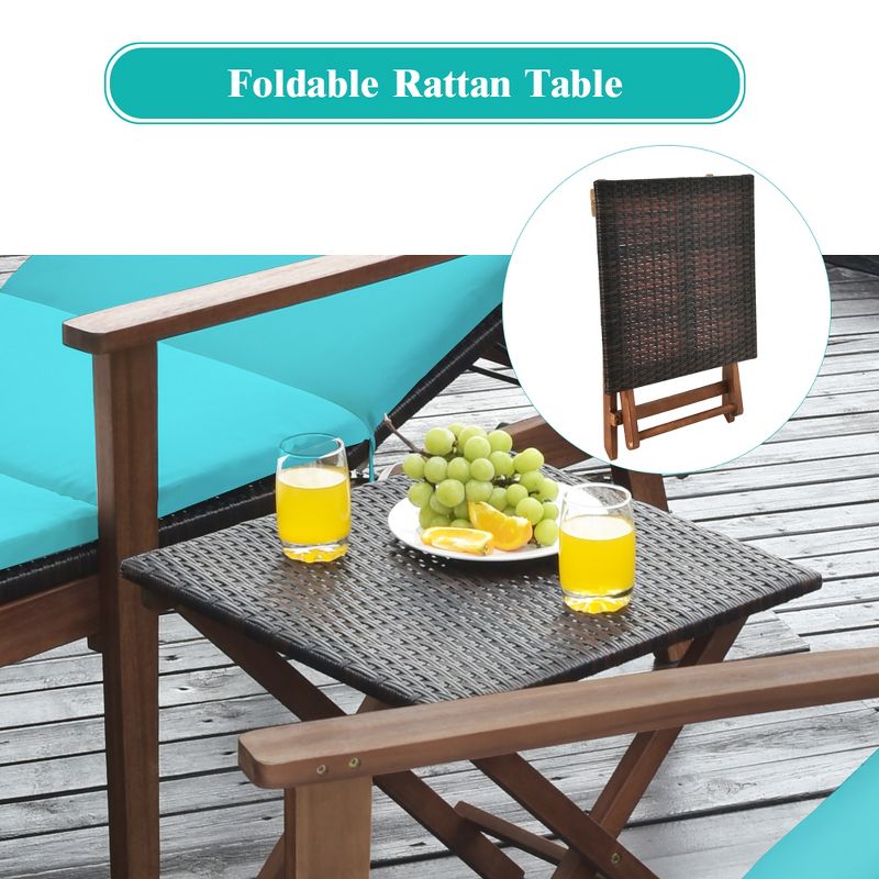 Costway 3PCS Patio Rattan Lounge Chair Folding Table Set Chaise Wood Cushioned White\Turquoise, 5 of 11