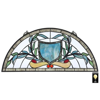 Sky Blue and Green Stained Glass Demi-Lune Window Panel