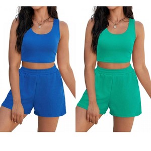 ATHLECHIC Women's Ribbed Knit Crop Tank Tops Short Sets with Pockets Travel Outfits 2 Pcs - 1 of 4