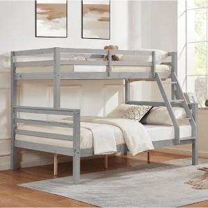 MAYEERTY Twin over Full Bunk Bed with Ladder, Wooden Bed Frame with High Guardrail and Ladder for Kids, No Box Spring Needed, Grey - 1 of 4