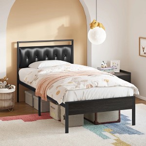 Hausource Upholstered Twin Size Bed Frame with PU Leather Headboard - 1 of 4