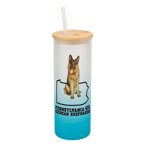 Elanze Designs The Keystone State Pennsylvania Loves German Shepherds Sky Blue and White Ombre Frosted Glass Travel Tumbler with Straw and Wooden Lid, - 1 of 4