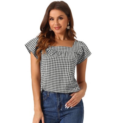 INSPIRE CHIC Women's Summer Square Neck Gingham Cap Sleeve Blouses